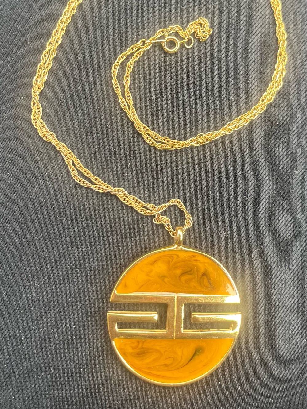 Authentic Givenchy 1978 Gold-Tone Amber Swirl Round Pendant Necklace